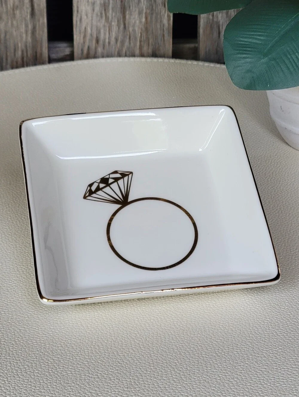 White Porcelain Ring Dish with Gold Diamond Motif